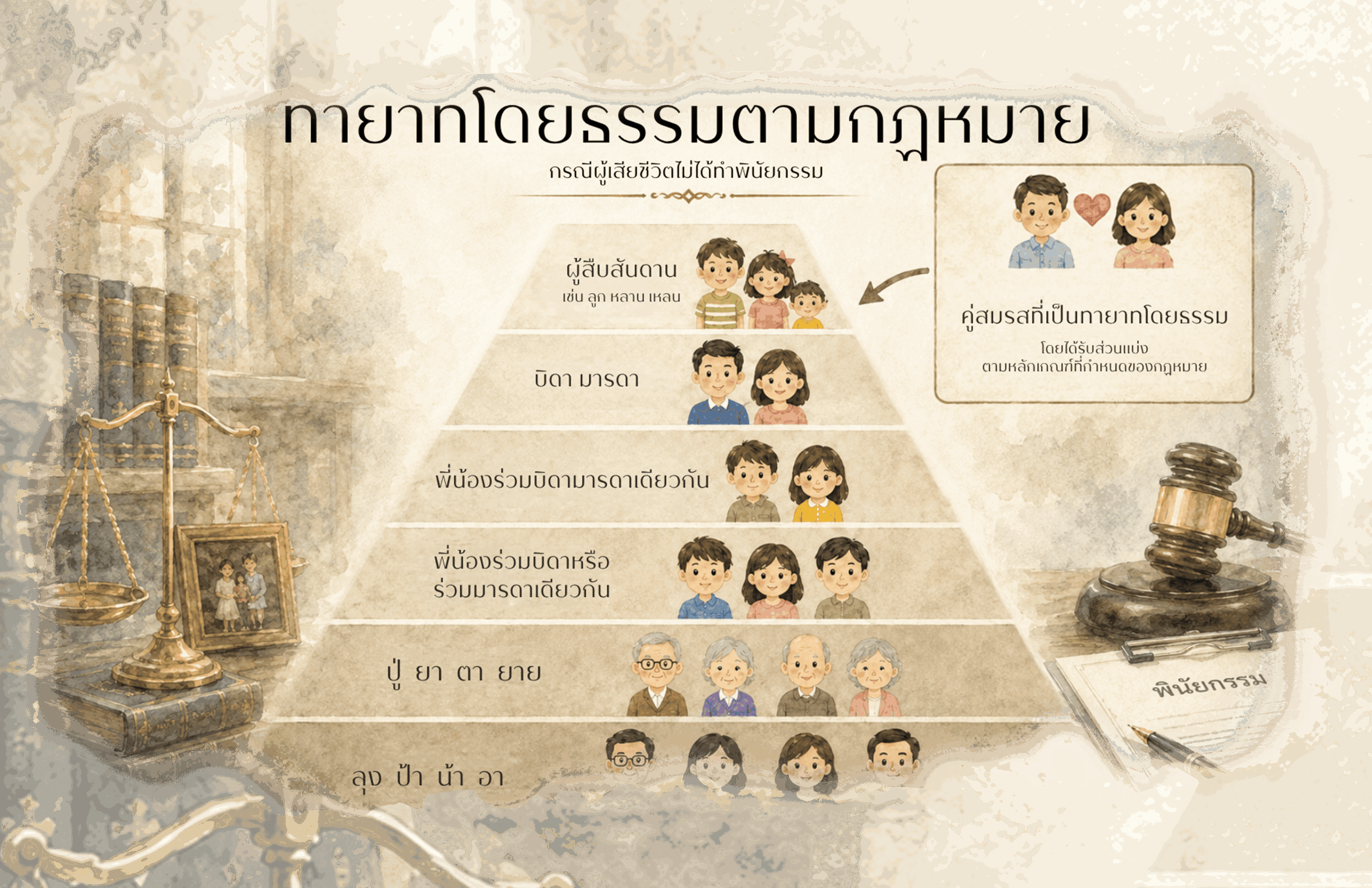 ถ้าไม่มีพินัยกรรมทรัพย์สินตกเป็นของใคร? กฏหมายทรัพย์สิน มรดก ไม่มีพินัยกรรมมรดกตกเป็นของใคร การแบ่งมรดกตามกฎหมาย เอกสารที่มักต้องใช้ในการจัดการมรดก กฎหมายมรดกไทย พ่อแม่มีสิทธิรับมรดกไหม ลำดับทายาทรับมรดก ใครมีสิทธิรับมรดก รับมรดกต้องรับหนี้ไหม ไม่มีพินัยกรรมใครได้มรดก คู่สมรสมีสิทธิรับมรดกหรือไม่?