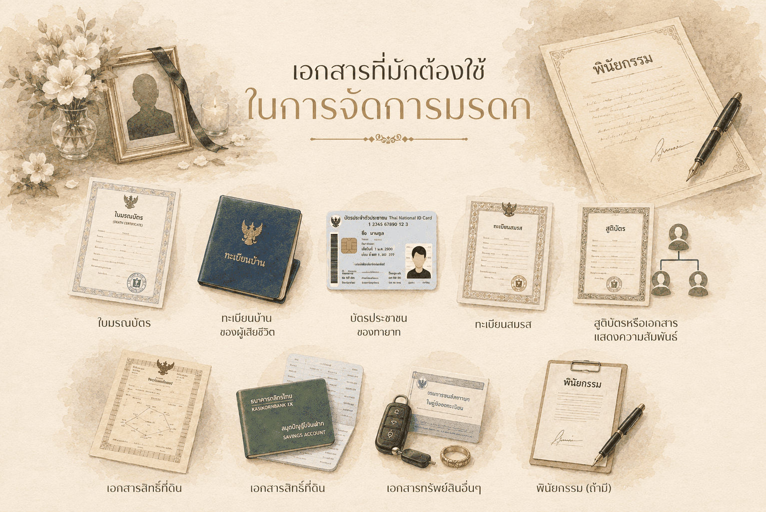 เอกสารที่มักต้องใช้ในการจัดการมรดก กฏหมายทรัพย์สิน มรดก ไม่มีพินัยกรรมมรดกตกเป็นของใคร การแบ่งมรดกตามกฎหมาย เอกสารที่มักต้องใช้ในการจัดการมรดก กฎหมายมรดกไทย พ่อแม่มีสิทธิรับมรดกไหม ลำดับทายาทรับมรดก ใครมีสิทธิรับมรดก รับมรดกต้องรับหนี้ไหม ไม่มีพินัยกรรมใครได้มรดก คู่สมรสมีสิทธิรับมรดกหรือไม่?